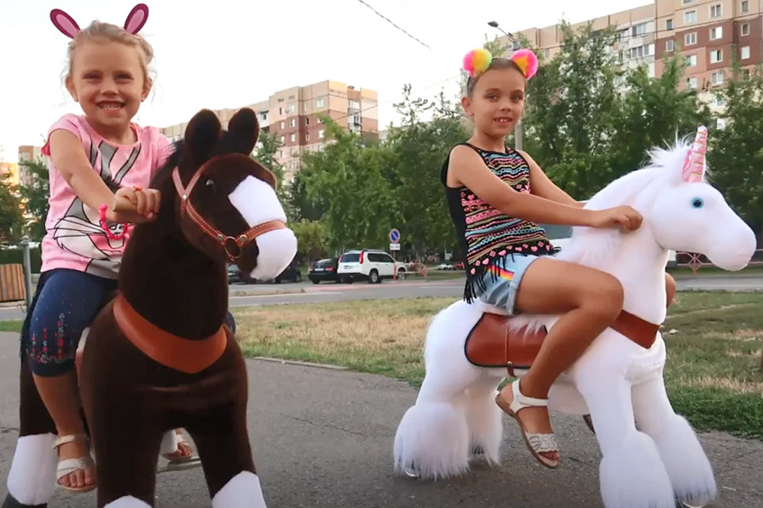 Cute sisters' happy moments with PonyCycle® unicorn