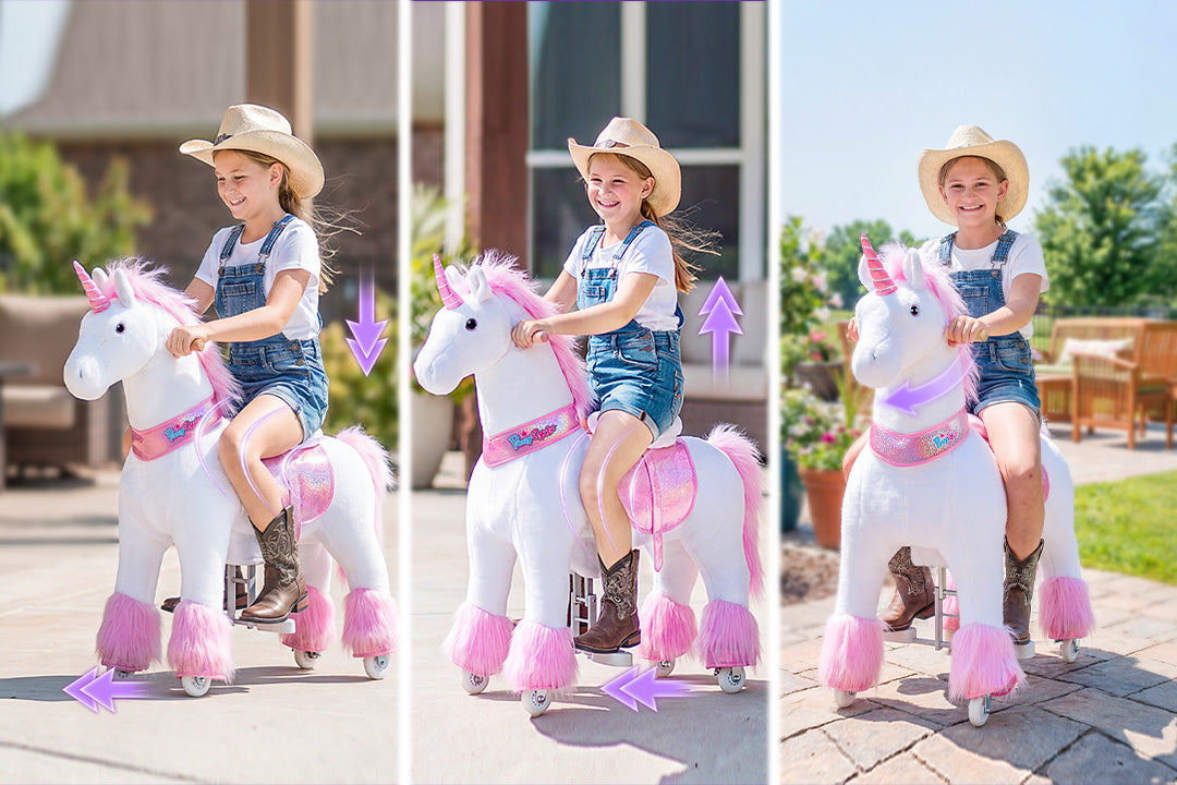 girl riding a ride-on unicorn toy in three motion steps