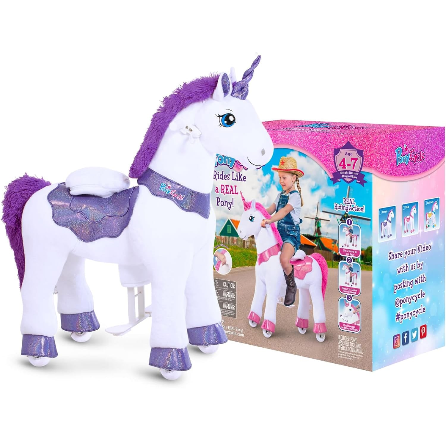 PonyCycle, Inc. Model E® Unicorn Ride-On Toy Age 4–7 – Purple