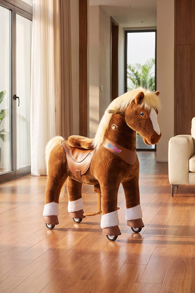 horse parked in a hallway where a child can reach it