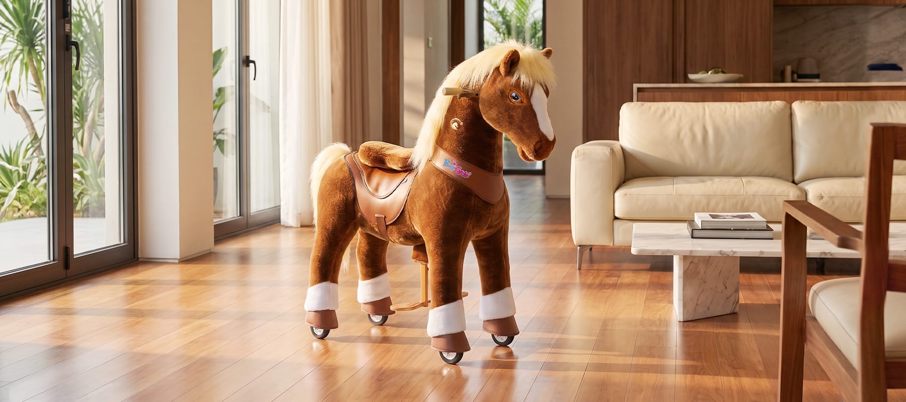 horse parked in a hallway where a child can reach it