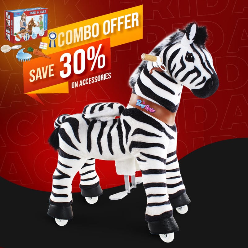 PonyCycle, Inc. ride on toy Zebra / Size 4 for Age 4-8 Save 30% on Feed & Care Set - Model U Ride On Pony with Feed & Care Set