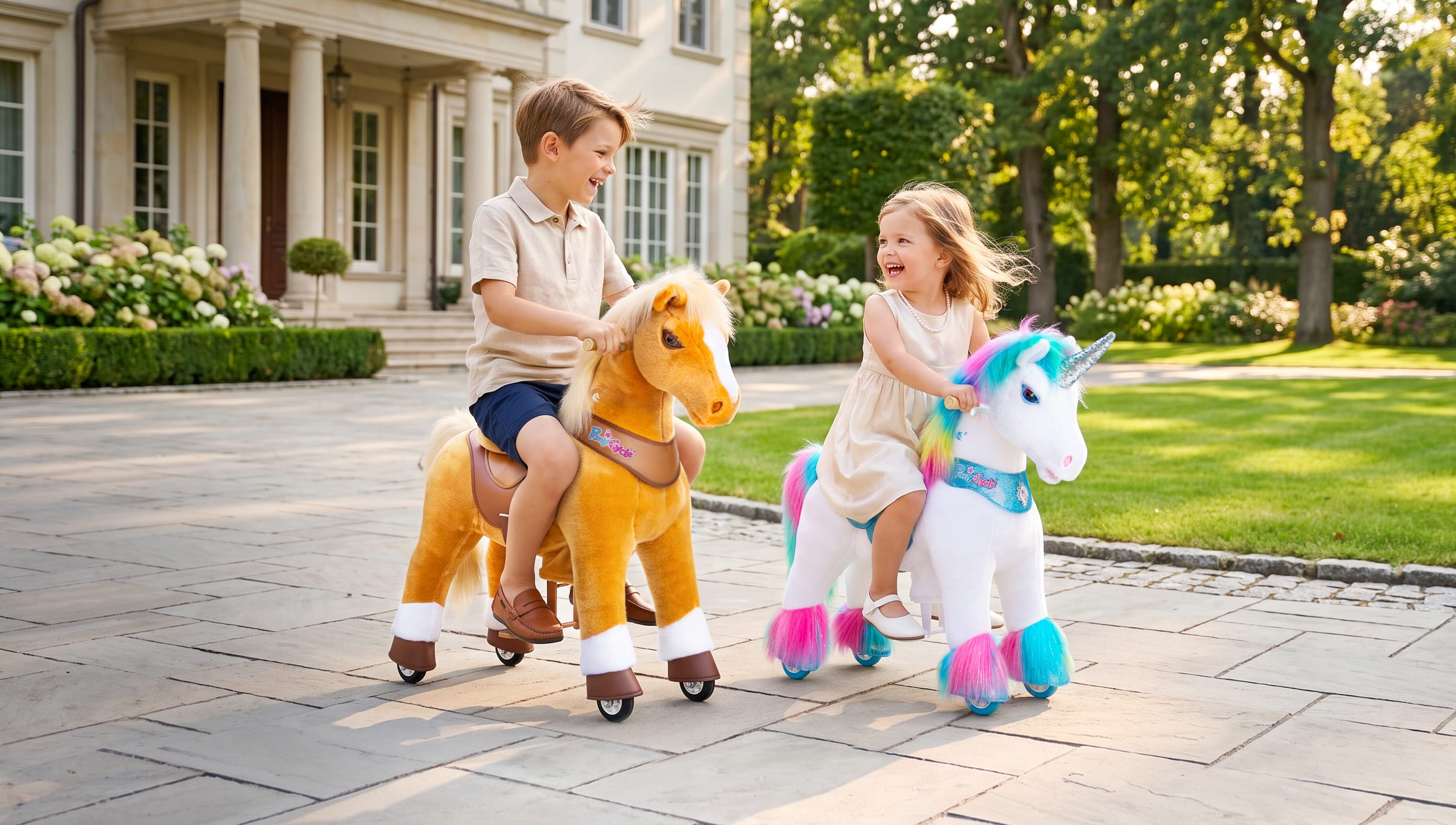 children riding ponycycle ride-on horse and unicorn toys