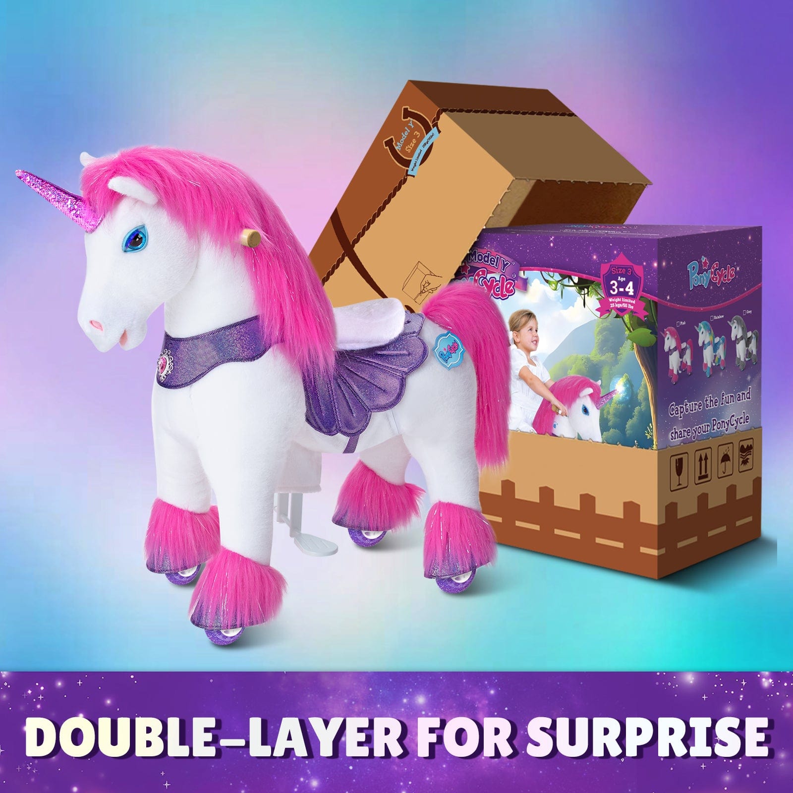 PonyCycle, Inc. Model Y Pink/Purple Unicorn Rideable Toy for Age 3-4