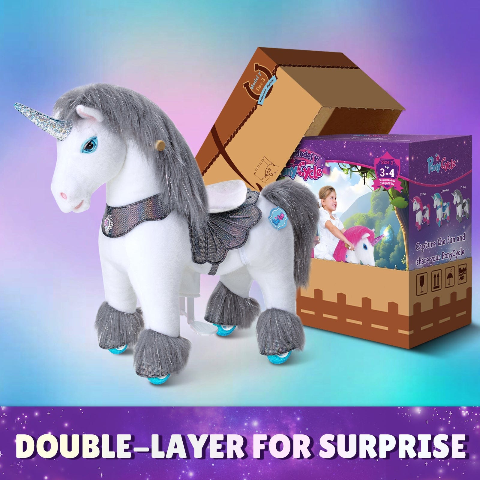 PonyCycle, Inc. Model Y Grey Unicorn Rideable Toy for Age 3-4