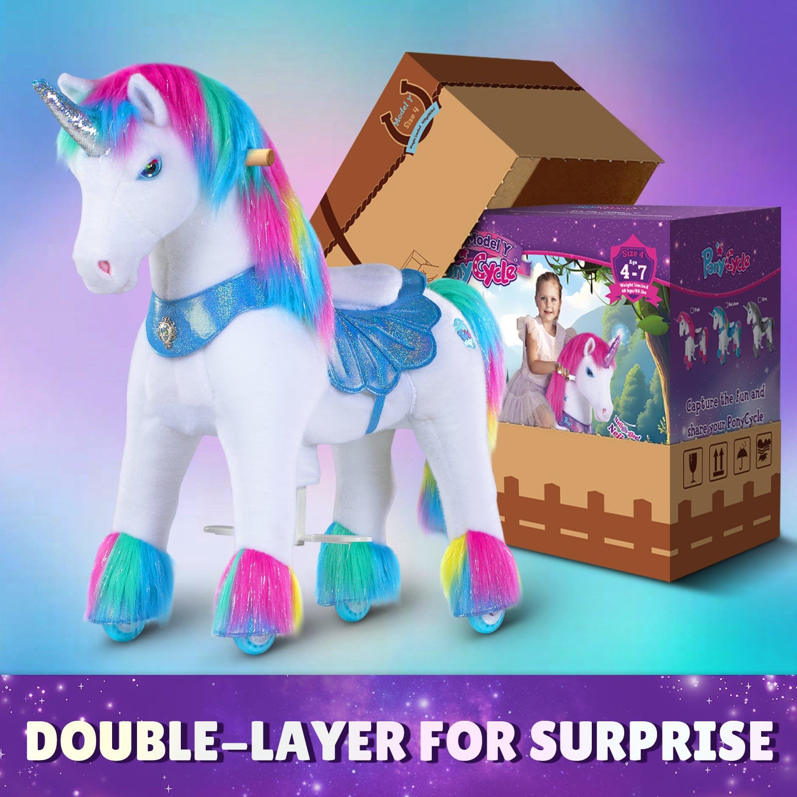 PonyCycle, Inc. Model Y Rainbow Unicorn Rideable Toy for Age 4-7