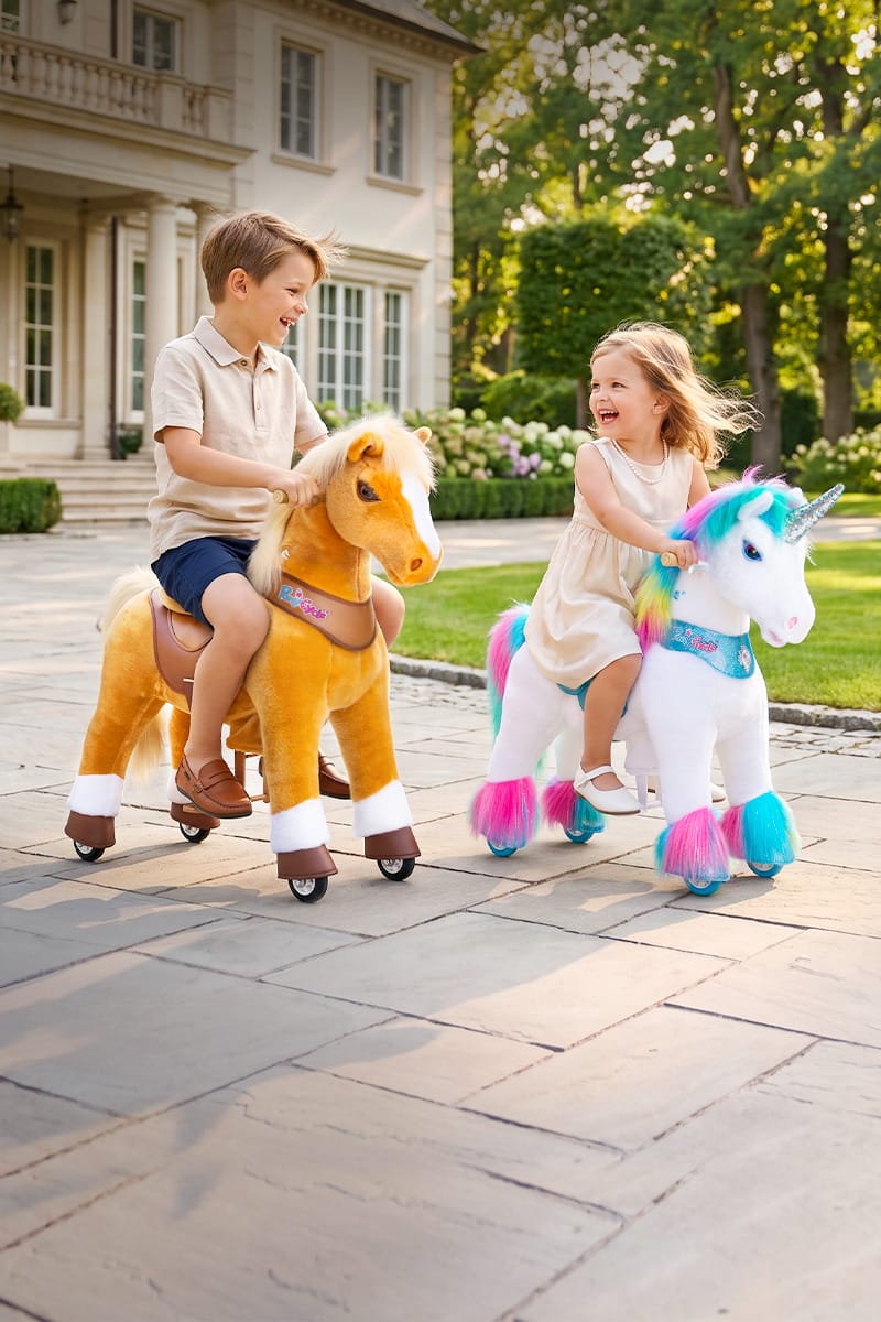 children riding ponycycle ride-on horse and unicorn toys